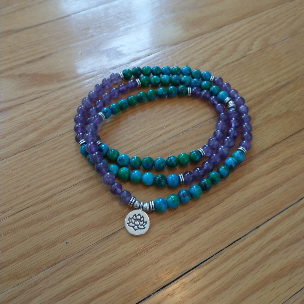 Amethyst & Chrysocolla Mala With Lotus Charm